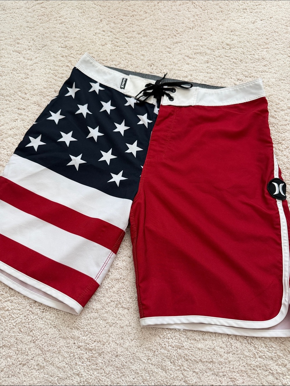 Hurley Men’s Red, White & Blue Flag-Style Board Shorts (with pocket)